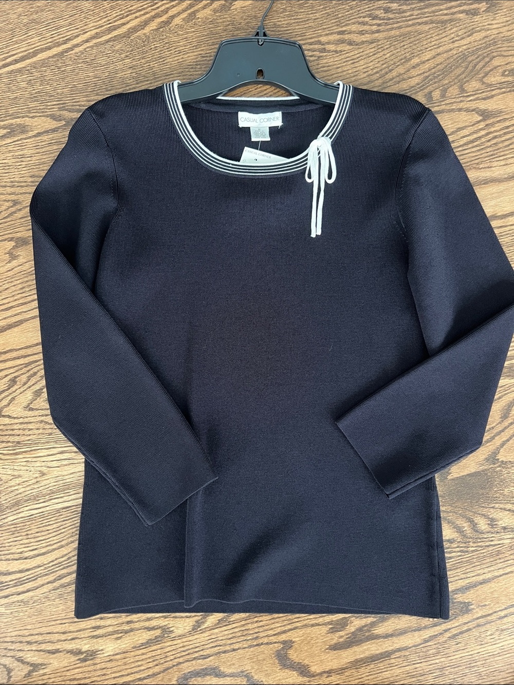 Casual Corner Deep Black Knit Crewneck Sweater with Cream Trim Tie